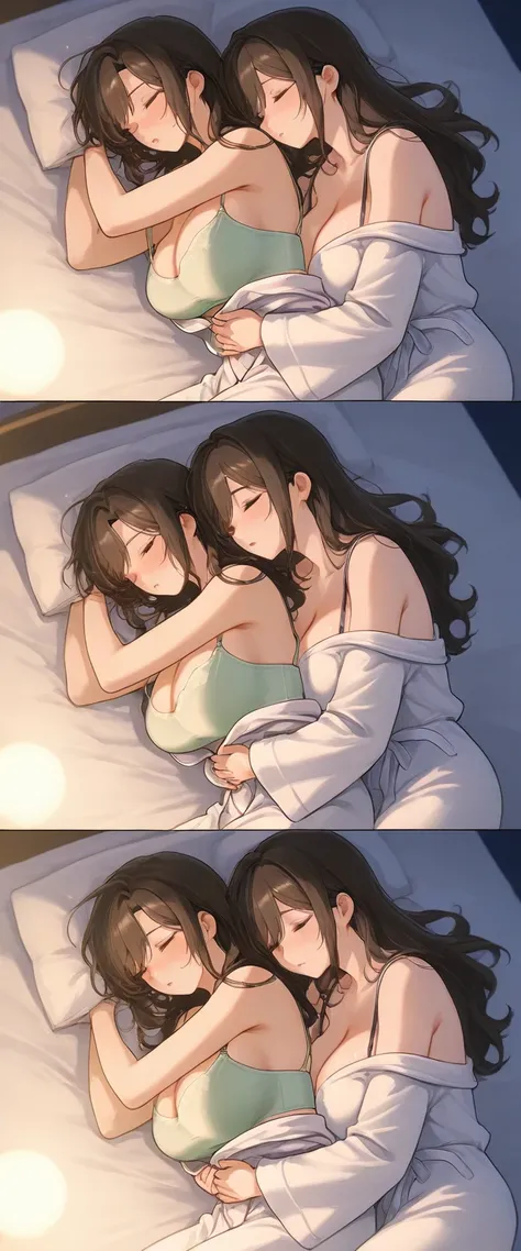 2 women, one young age women, one elegant mature woman, older woman hugging the other from behind, hands caressing thighs and stomach, tired, closed eyes, in bedroom, at night, both have big breasts, lying down on side, lying on bed, white bathrobe, no-sho...