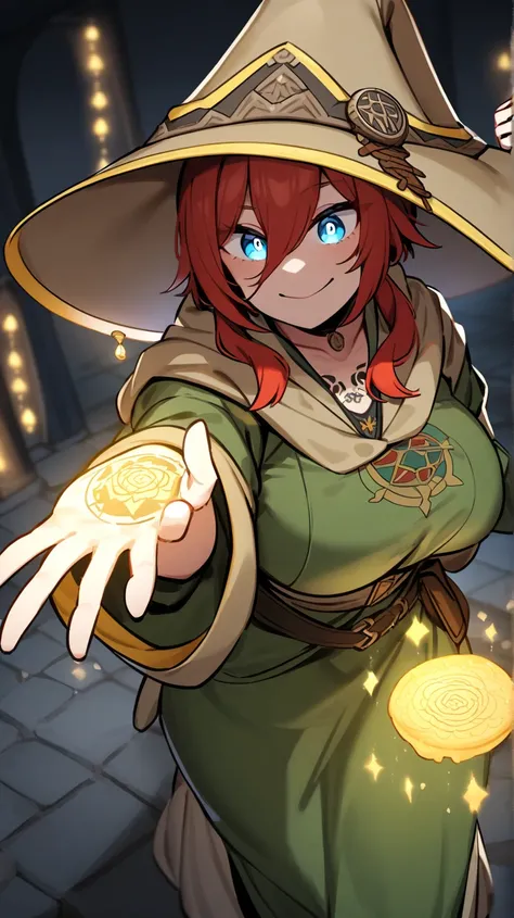 Calcium is a local recluse and magician ,  is a girl with big curvy red hair ,  she is wearing a large khaki medieval hat and a khaki green robe with yellow edges, she has blue eyes and a mandala tattoo on her palm that glows blue