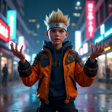 A young modern ninja with spiky blond hair and deep blue eyes, depicted in ultra-realistic 3D, similar to GTA 6 characters. He wears an orange and black tactical jacket with Japanese-inspired patterns, a silver forehead protector with a mysterious engraved...