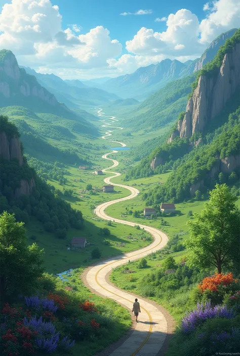 One way ,  that snakes through a picturesque landscape, symbolizes the journey of a lifetime .