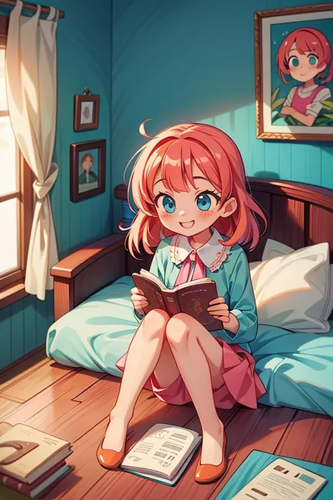 (masterpiece, best quality), girl sit on bed, indoor, intricate detail, sunlight, aqua blue blouse, pink short   skirt, long orange hair, aquamarine eyes, smiley, reading book.