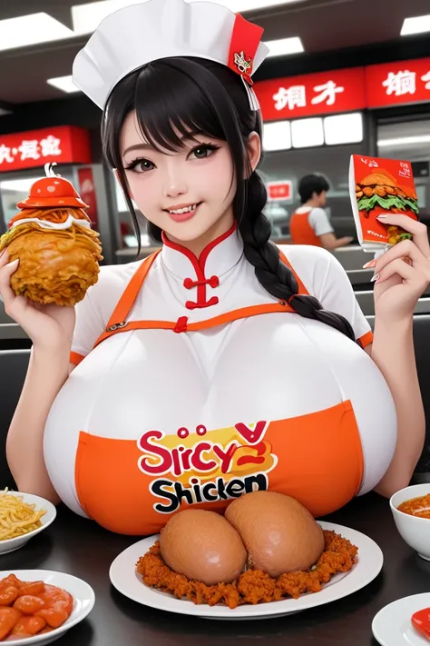 woman, fully clothed, eating spicy fried chicken from tower of Spicy fried chicken, covered gigantic breasts, Hi3GB