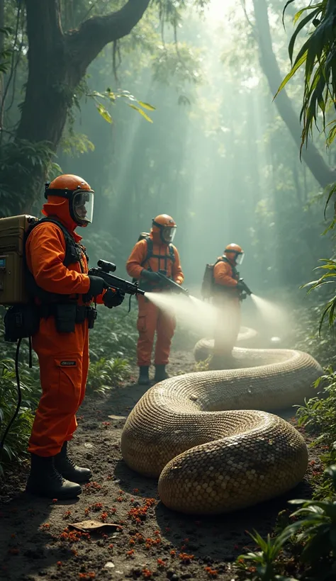 *"A hyper-realistic, cinematic image of a dense, misty jungle during daylight, where three professional rescue workers in bright orange hazmat suits, helmets, and face shields are engaged in an intense operation. They are using high-pressure spray guns, re...