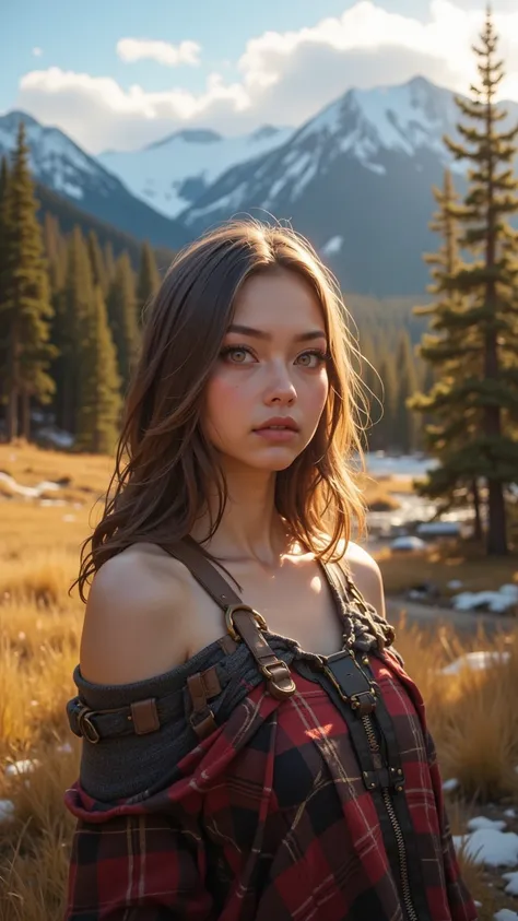  A charming woman enjoys in the Montana wilderness Light ， wears a stylish one-shoulder flannel top 。 focuses on her delicate eyes ， surrounded by long delicate lashes ， Gentle facial features ，Light makeup and eyeliner 。 Immerse in the stunning landscape ...