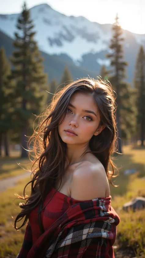  A charming woman enjoys in the Montana wilderness Light ， wears a stylish one-shoulder flannel top 。 focuses on her delicate eyes ， surrounded by long delicate lashes ， Gentle facial features ，Light makeup and eyeliner 。 Immerse in the stunning landscape ...