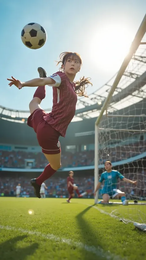 A female soccer player with an athletic physique, wearing a professional uniform, captured mid-air performing a bicycle kick in front of the goal. Her body is fully extended upside-down, with her kicking leg striking the ball and her non-kicking leg bent f...