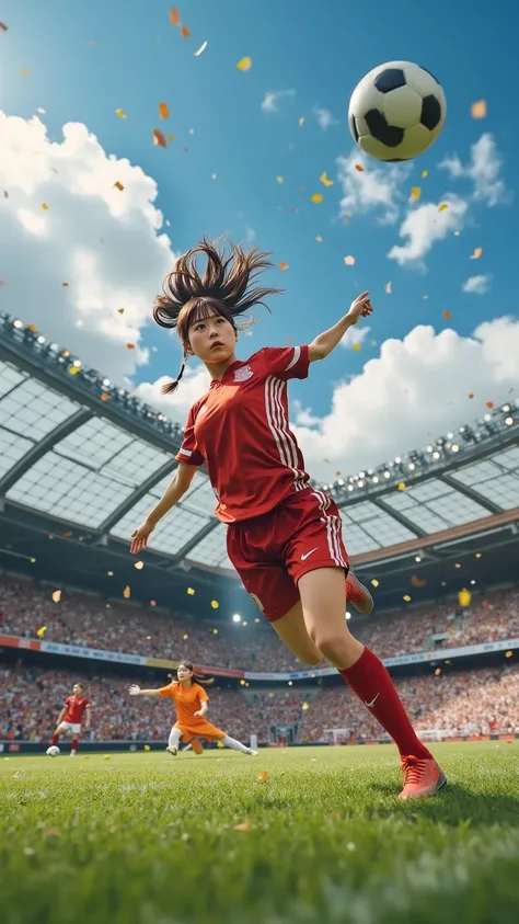 A female soccer player with an athletic physique, wearing a professional uniform, captured mid-air performing a bicycle kick in front of the goal. Her body is fully extended upside-down, with her kicking leg striking the ball and her non-kicking leg bent f...