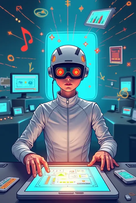  Multisensory Interaction :
bottom:  Start by drawing a background that represents a futuristic or technological environment ,  such as a control room or a laboratory full of screens and electronic devices .
Main character:  Draw a human character in the c...