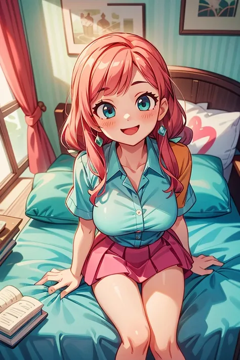 (masterpiece, best quality), girl sit on bed, indoor, intricate detail, sunlight, aqua blue blouse, pink short  skirt, long orange hair, aquamarine eyes, smiley and sexy expression, sexy pose, coquette, gorgeous legs, mature body, beautiful body, pronounce...