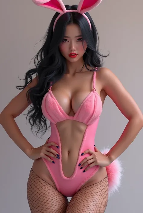 An Asian girl with big hips and big breasts wearing a sexy bunny outfit