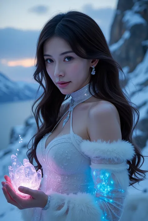 "Fantasy ink style painting, portrait of a fierce girl on a glacier cliff, wearing a sexy futuristic fur outfit with neon-lit light, temple ruins visible in the blurred background, cold light emphasizing her striking features, snowflakes falling softly aro...