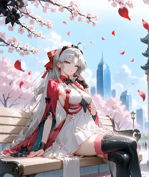 masterpiece,best quality,absurdres, amazing quality, shiny skin,
tokyo \(city\), park, cherry blossoms, falling petals, cowboy shot, smile, looking at viewer, sitting, park bench, on bench, crossed legs, 
carlottailvp, 1girl, long hair, dress, parted bangs...