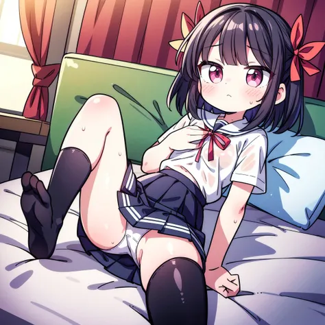 ((Best masterpiece, Perfect quality, Ultra detailed)), A skinny girl, With black hair, Wearing a school uniform, White dress shirt, Red ribbon on her chest, Black pleated skirt, Wet white panty, Spreading her legs, On the bed, Putting rotors on her thighs,...