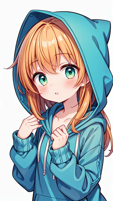 1girl, hood, solo, green eyes, looking at viewer, white background, orange hair, hoodie, blush, simple background, blue hoodie, long sleeves, upper body, sleeves past wrists, hood up, long hair, hands up, parted lips, drawstring, collarbone