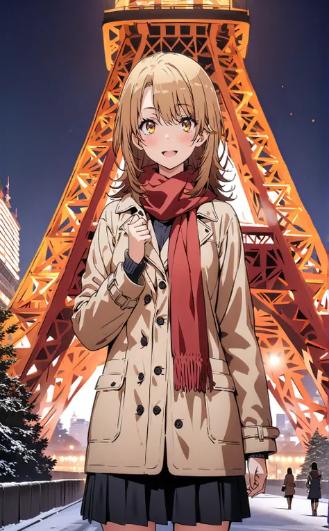 Irohaisshiki, Isshiki Iroha , long hair,  brown hair,  brown eyes,smile, open your mouth,,blush, White Breath,White Coat, sweater, red scarf,Black long skirt,boots snow, Tokyo Tower ,building, standing,whole bodyがイラストに入るように,
break outdoors, City,
break loo...