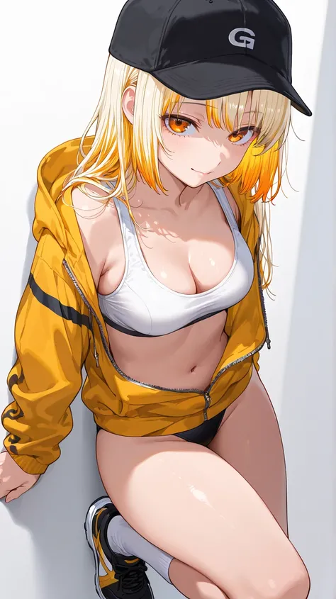 solo,  girl, ( Masterpiece), ( high definition model), (Soft hair:1.6),  very detailed,  anatomically correct,  sling, ( blonde and orange gradation color hair:1.5), Long bob cut hair, ( medium breasts:1.3), [Thick thighs:0.8], fuzzy black and yellow hoodi...