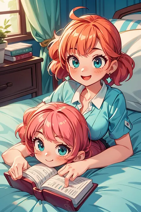 (masterpiece, best quality), 1 girl and 1 boy, lying on bed, hugged, intricate detail, sunlight, aqua blue blouse, pink short  skirt, long orange hair, aquamarine eyes, smiley and sexy expression, sexy pose, coquette, gorgeous legs, mature body, beautiful ...