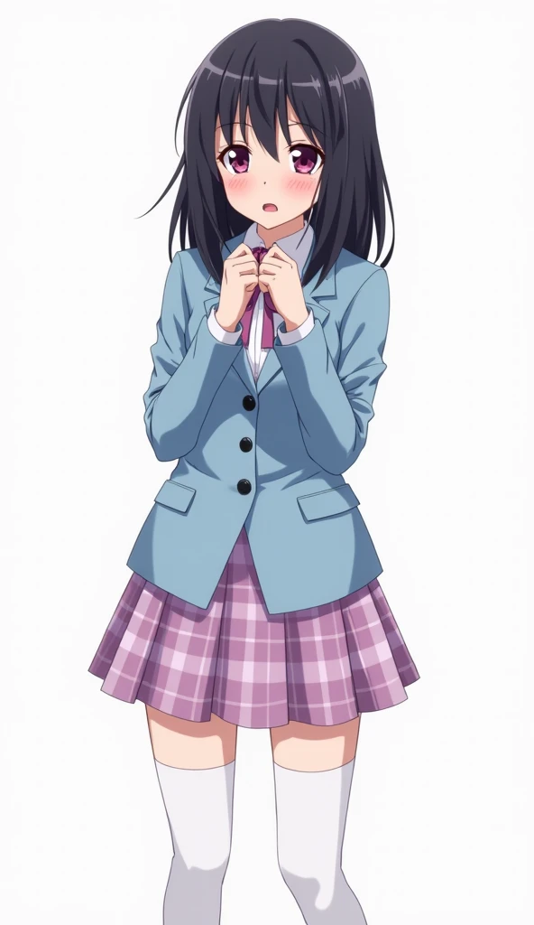 Japanese anime adolescent woman with medium long straight black hair and intense magenta eyes and red nails and she wears a light blue blazer with dark blue buttons and white shirt and with a light purple ribbon and a skirt with a checkered design in shade...