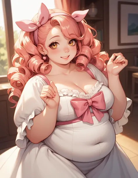  a 23-year-old girl , cute and chubby, She is slightly overweight .  She has fair skin,  short, straight blond hair with curls at the ends,  has a pink ribbon at the back of her hair , She wears a white dress with pink ribbons and has golden eyes, red chee...