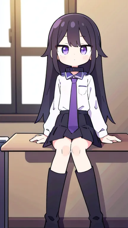 ((Best masterpiece, Perfect quality, Ultra detailed)), A slender girl with flat chest, With pure black hair, Straight hair, Purple eyes, Wearing a school uniform, White dress shirt, Collar, Purple tie, Black pleated skirt, Black long boots, Sitting