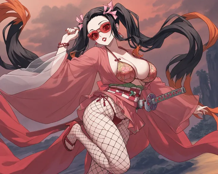 Anime, only Kamado Nezuko(thong bra🩲,Elegant Kimono Polynesian) (in skin color brown) (Elegant Kimono Polynesian,clothing based color, Red) (clothing,trim, detail,design color white)
(Age21 ) (weapon a demon,slayer,katana,,🗡️, was swirling stone on the ) (...