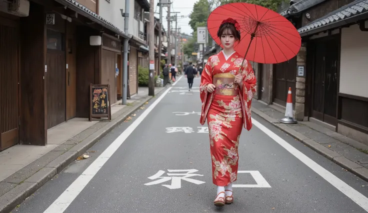 Kyoto　 Maiko　Shichijo Street　 orbital space　Walk in high clogs　Red Japanese Umbrella　 dignified expression　 full body　Walking towards the camera
