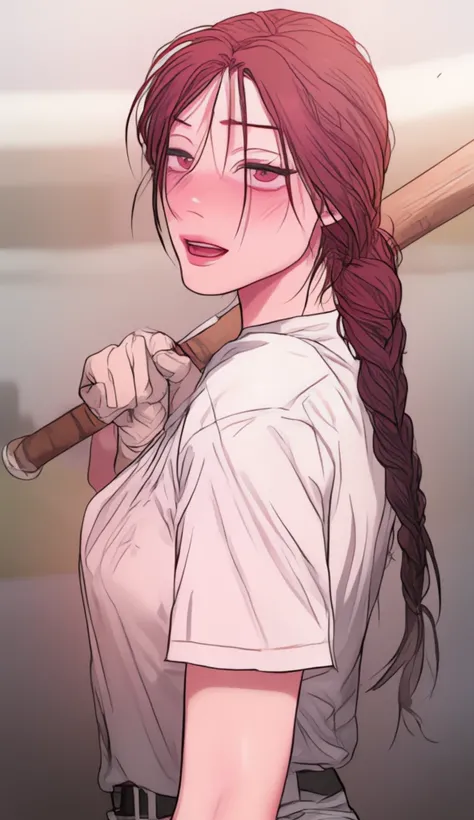 a high school girl wearing a white shirt uniform has long hair tied up in a purple bun, dark red eyes, glossy lips, white skin, wears a loose t-shirt expression with a big smile while carrying a baseball bat