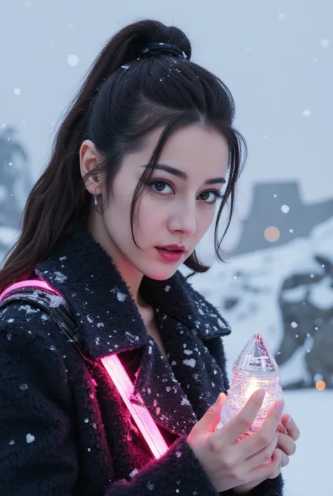 "Fantasy ink style painting, portrait of a fierce girl on a glacier cliff, wearing a sexy futuristic fur outfit with neon-lit light, temple ruins visible in the blurred background, cold light emphasizing her striking features, snowflakes falling softly aro...