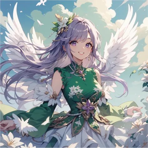 Her hair is purple and white 、White winged angel woman wearing green and white decorated clothes、 Smiling、High-necked clothing、Sacred Light