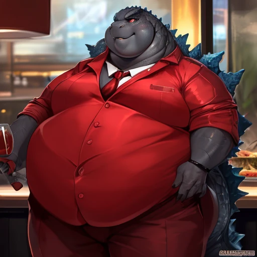 by lollipopcon, by azelyn, by bakemonoy, (solo:1.5), A fat (male godzilla), (elegant red attair suit, red tie:1.4), (morbidly obese:1.7), (godzilla is standing by restaurant:1.5), (scales on back of Godzilla), 8k, 1080P, masterpiece