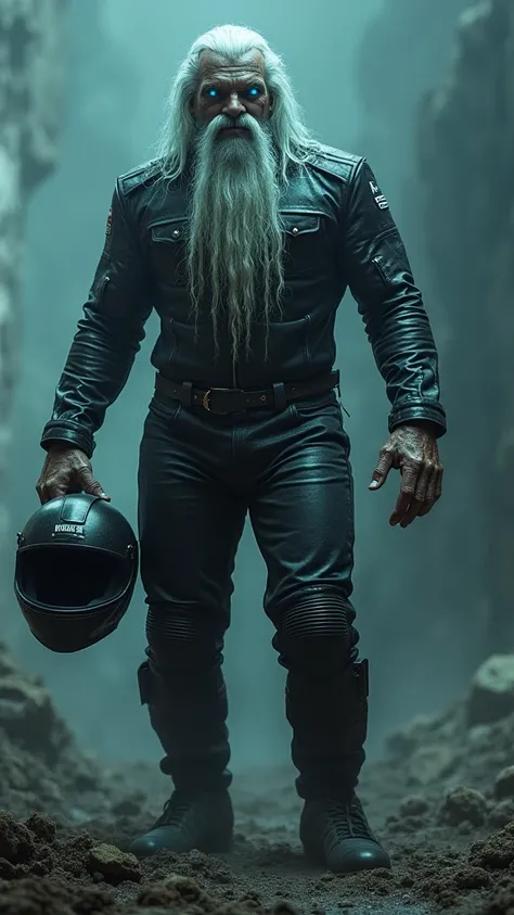 Cadavre. The Dry Dead Rising. long gray beard,  long white hair. Holds a motorcycle helmet. Pumped up figure. Dressed in a racing suit.  eyes glow blue 