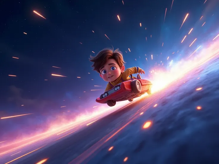 Scene 18: The Racing Stars
littel boy speeds through the stars, feeling like he’s racing against them. The stars blur into streaks of light as Leo zips past them. The sky is a canvas of swirling colors, with bright blue, purple, and gold lights dancing aro...