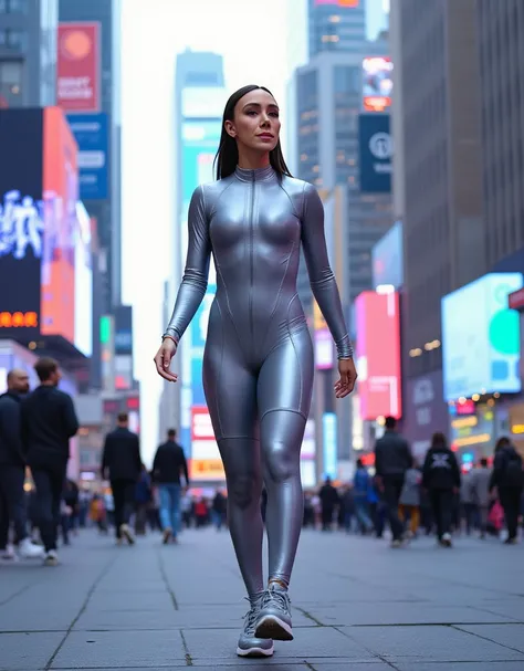 A woman in long sleeves tight silver unitard and sport shoes is walking on the street