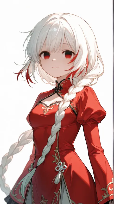 (Extremely detailed ), female, white hair with few red highlights strands,  single long braid starts below the neck and all the way down the end of the back knee, solo, emerald eye color both empty eyes,  anatomically correct, medium breast (clothed), smil...