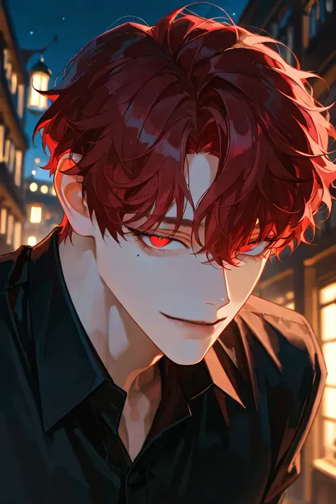 mele,dark red hair,handsome,mole under eye,adult,night,describing a face in close-up,black business shirt,loosely wavy hair,study of the weird,gloomy mood,bright red eyes,bewitching smile,short hair,dim,blurred background,center part hair,indoor,archive,li...