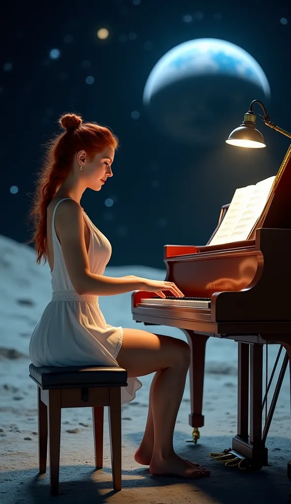  pianist , Redheads with   lamp ,   pretty face,   blue eyes , Young,  shredded, curvy muscular , white country side dress, ,   shapely legs, legs with beautiful curves, pianist playing piano , on the moon, moon soil, HD planet earth as background,  high d...