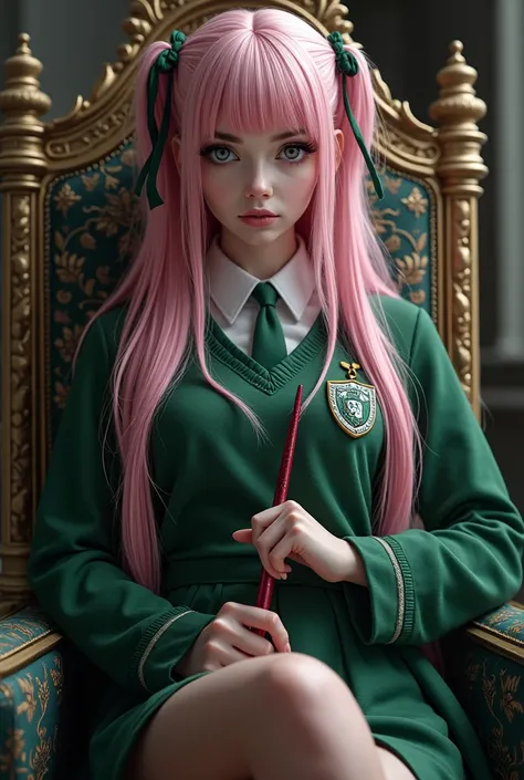 Realistic woman , sit on throne , white skin, blue eyes, light pink hair, long straight hair with bangs, Tie  knot on both hair side, wearing Hogwarts school Prefect uniform, Slytherin House ,gorgeous, with  pink snake on the side , hold a wand in hand