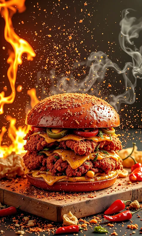 A high-quality commercial art photograph of an ultra-spicy creation featuring two crispy fried chicken fillets as the base, coated in a glowing red blend of cayenne, ghost pepper, and paprika for maximum spice. The chicken’s deep red, almost fiery crust is...