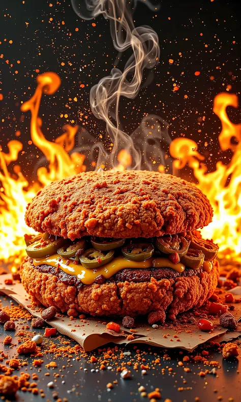 A high-quality commercial art photograph of an ultra-spicy creation featuring two crispy fried chicken fillets as the base, coated in a glowing red blend of cayenne, ghost pepper, and paprika for maximum spice. The chicken’s deep red, almost fiery crust is...