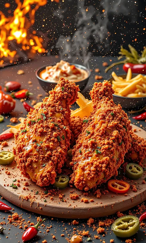 A high-quality commercial art photograph of an ultra-spicy creation featuring two crispy fried chicken fillets as the base, coated in a glowing red blend of cayenne, ghost pepper, and paprika for maximum spice. The chicken’s deep red, almost fiery crust is...