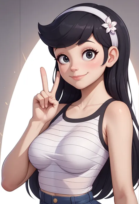 ((bedroom background)),score_9, score_8_up, score_7_up,score_6_up, 
1girl, Solo, Maria_RB, light skin, long straight hair, black hair, black eyes, white headband with a flower, strappy white top with black stripes, dark blue tight shorts, black flat shoes,...