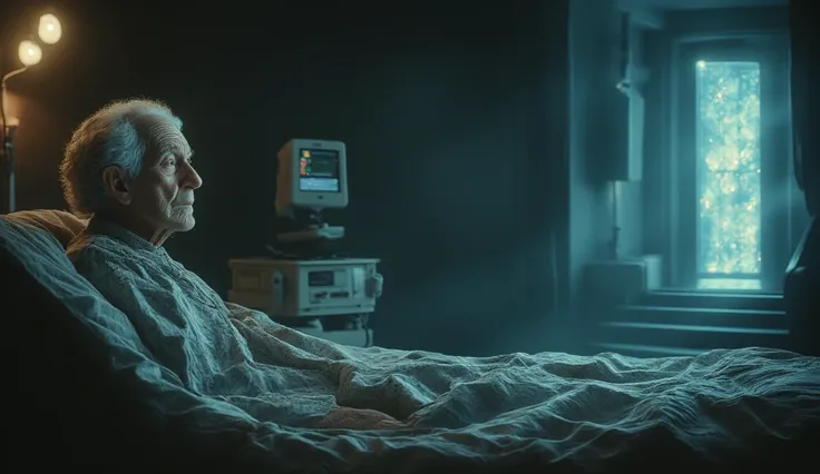 An elderly man in his hospital bed, staring at a glowing door in front of him, symbolizing the passage to death or the afterlife. The room is dark, but the light from the door shines warmly. The man has a serene expression, as if ready to cross that thresh...