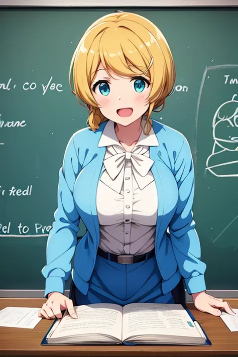 Ellen Baker in light blue clothes doing English lessons on the blackboard in her classroom and writing English on the blackboard