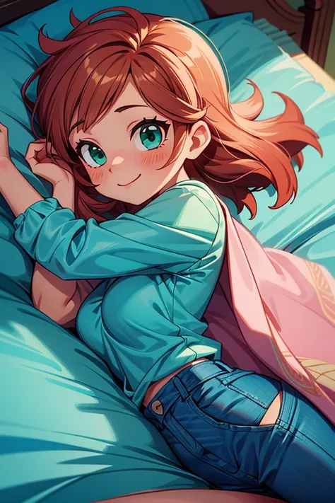 (masterpiece, best quality, bribant contrast colors), 1 girl lying on bed, hugged a boy, intricate detail, sunlight, aqua blue blouse, pink short  skirt, long orange hair, aquamarine eyes, smiley and sexy expression, sexy pose, coquette, gorgeous legs, mat...