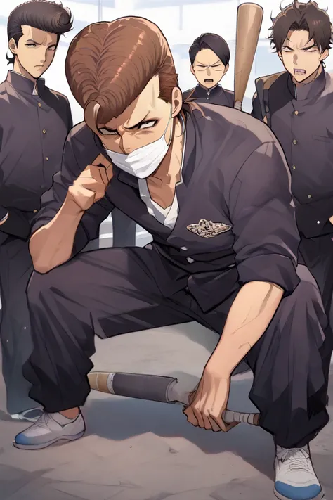 1 boy, brown hair, pompadour hair, no eyebrows, surgical mask, delinquent, school uniform, holding baseball bat, angry expression, best quality, anatomically correct, young Japanese man, Yankii zumari. crouching,