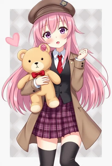 1girl, solo, teddy bear, long hair, skirt, thighhighs, stuffed animal, necktie, hat, shirt, purple eyes, collared shirt, coat, stuffed toy, white shirt, plaid, plaid skirt, pleated skirt, looking at viewer, long sleeves, checkered background, :o, open mout...