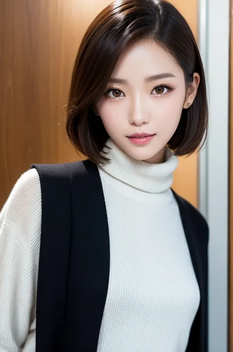 highest quality、genuine、Super detailed、finely、High resolution、8k wallpaper、one beautiful japanese woman Walking Under the skyscraper、light brown short hair、sharp focus、perfect dynamic composition、beautiful and detailed eyes、thin short hair、Detailed genuine...