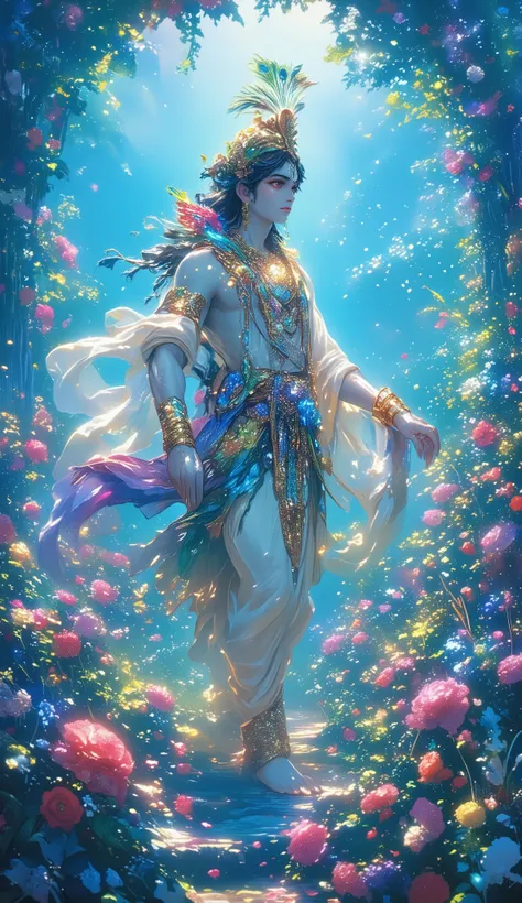 Create an image of Lord Krishna in a flower garden with a blueish background