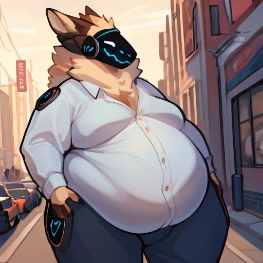 by bigcozyorca, by goonie-san, by bebebebebe, by spikedmauler, male, 1male, solo, breasts, city street background, protogen, protogen face, protogen visor, staring down viewer, work clothes, long sleeve button up, dress pants, (morbidly obese:1.7), fat, ov...