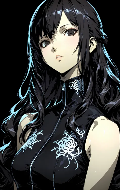 persona, soejima shigenori, anime coloring, 1girl, looking at viewer, upper body, black background,  long hair, half updo, wavy hair, black hair, sleeveless turtleneck, masterpiece, very awa, best quality, amazing quality, very aesthetic, absurdres, newest...